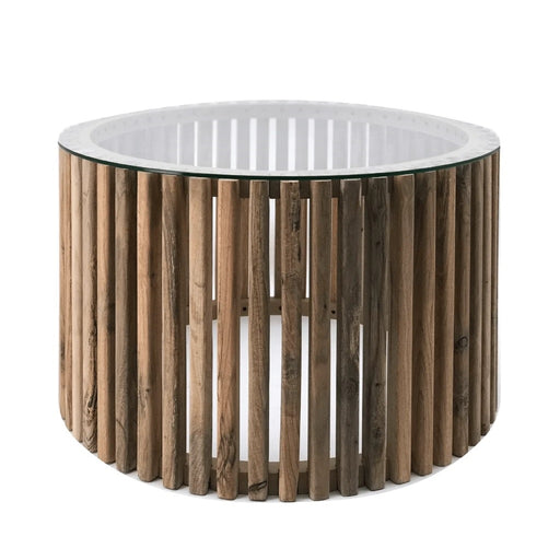 Sinyati Round Natural Pin Oak Slatted Coffee Table with Clear Glass - Lighting.co.za