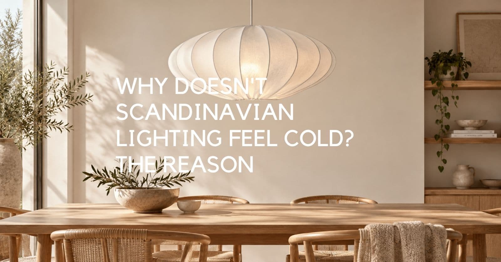 Scandinavian dining room with a softly glowing white pleated pendant light above a natural wood dining table, surrounded by woven chairs, neutral tones, ceramics and greenery. Lighting.co.za