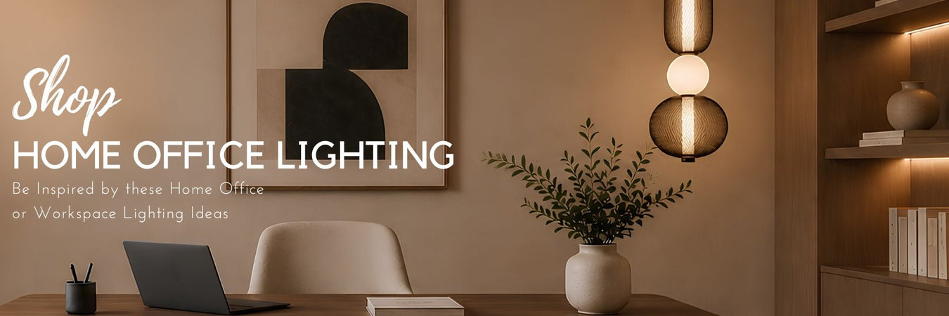 Contemporary home office lighting featuring a decorative pendant light above a wooden desk with built-in shelving and warm ambient lighting.