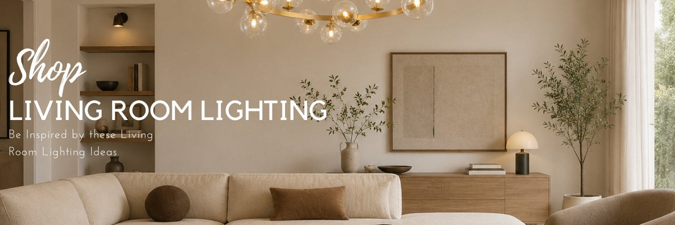 Elegant living room lighting featuring a statement chandelier, table lamp, wall lighting and warm layered illumination in a contemporary living space with neutral décor.