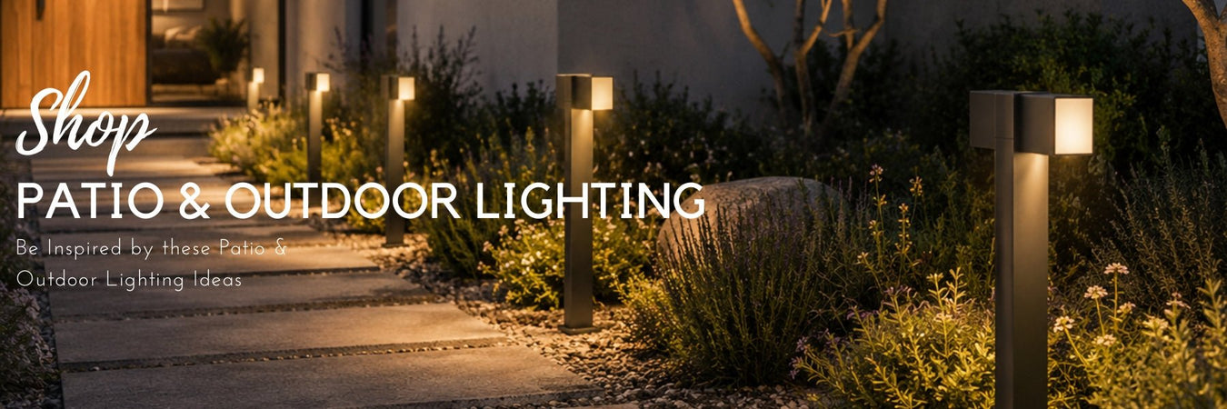 Contemporary patio and outdoor lighting featuring modern bollard lights along a landscaped garden pathway leading to a luxury home.