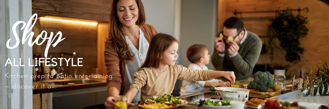 Kitchenware, cookware and dining essentials styled together as part of the Lifestyle range