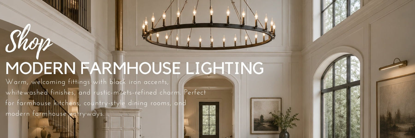 Modern farmhouse lighting featuring a large black iron ring chandelier in a bright double-volume entryway with warm neutral interiors - Lighting.co.za