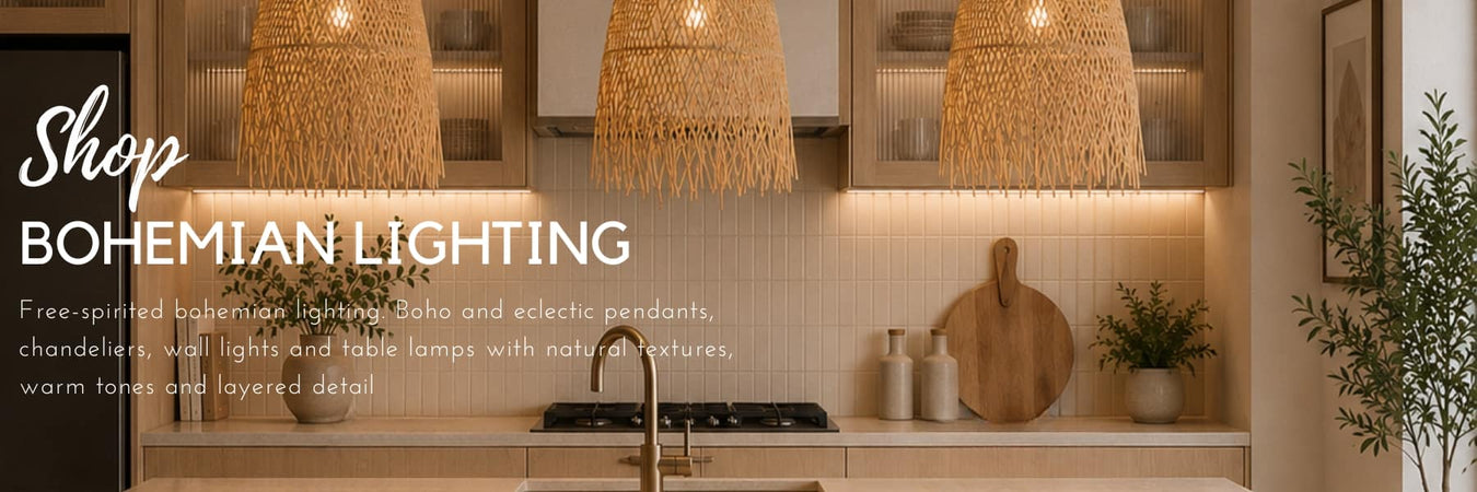 Bohemian lighting featuring woven rattan pendant lights in a warm modern kitchen with natural textures and ambient lighting - Lighting.co.za