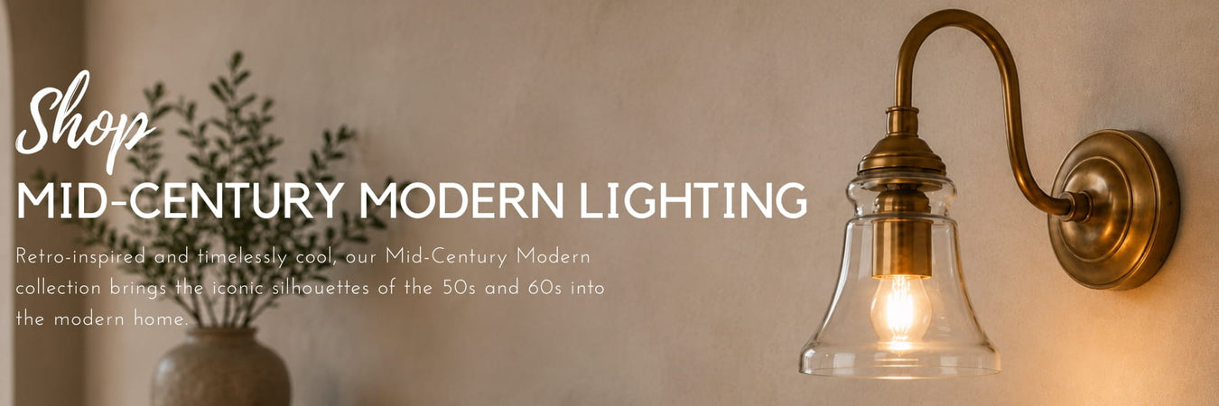 Mid-century modern lighting featuring a brass wall light with clear glass shade in a warm contemporary interior - Lighting.co.za