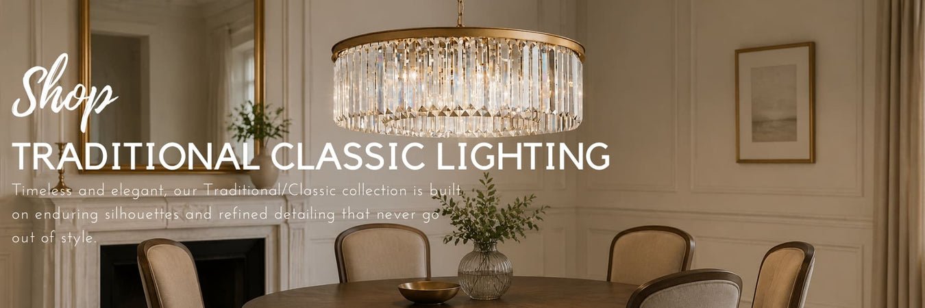 Traditional lighting featuring a clear crystal and gold chandelier above a classic dining table in a refined interior - Lighting.co.za