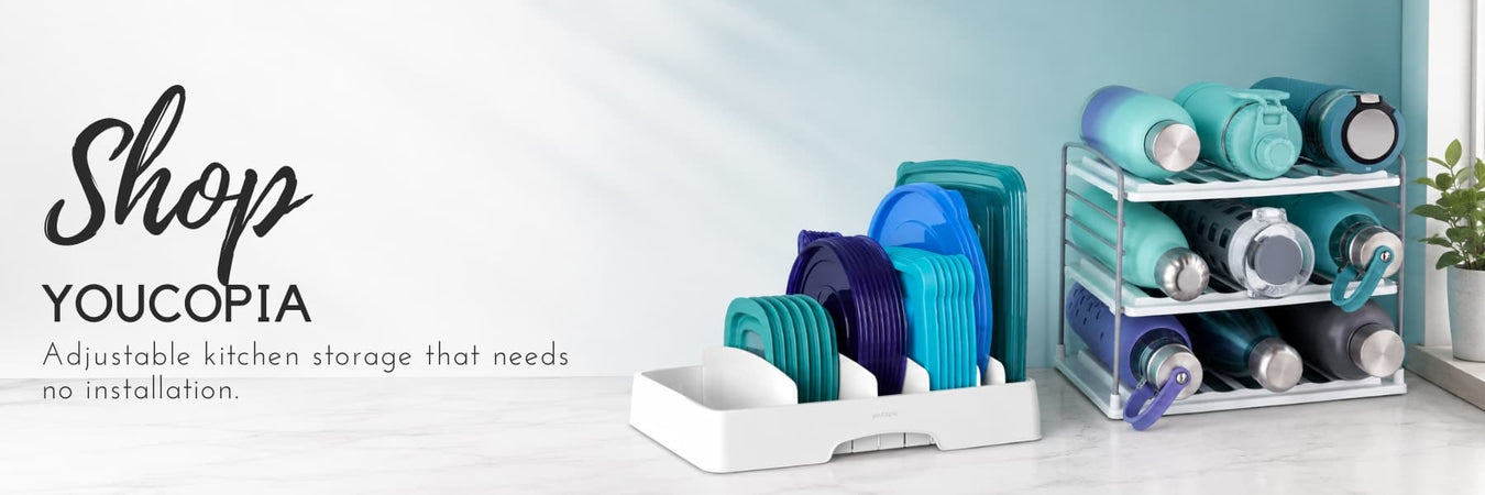 YouCopia adjustable kitchen storage solutions featuring organisers for reusable containers and drink bottles in a modern kitchen setting. Space-saving storage designed for effortless organisation without installation.