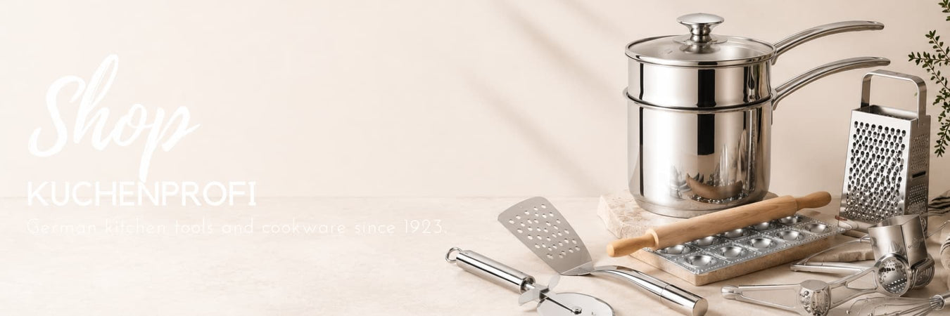 Küchenprofi German kitchen tools and cookware, featuring stainless steel cookware, utensils and baking accessories styled in a contemporary kitchen setting. Quality craftsmanship since 1923.