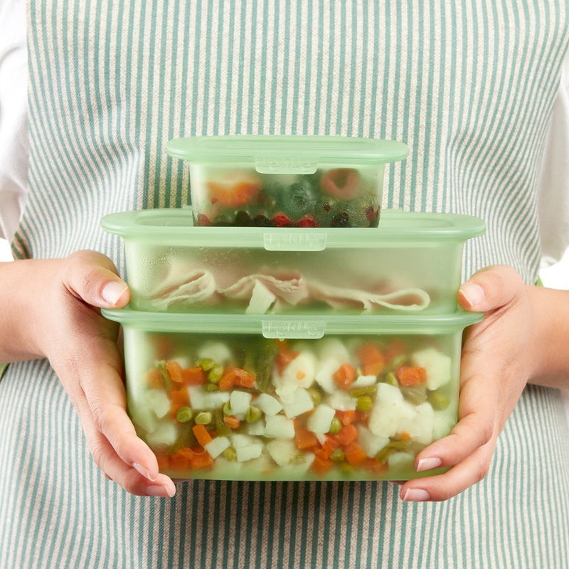 Lekue Reusable Silicone Food Storage Containers Green Set of 3