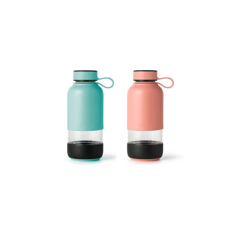 Lekue Bottle To Go Glass Water Bottle Blue & Pink