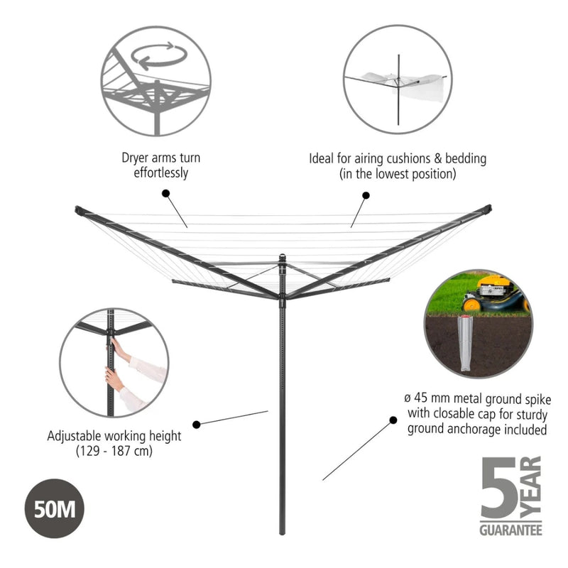 Brabantia Lift-O-Matic 4-Arm Rotary Dryer 50m Anthracite - Lighting.co.za