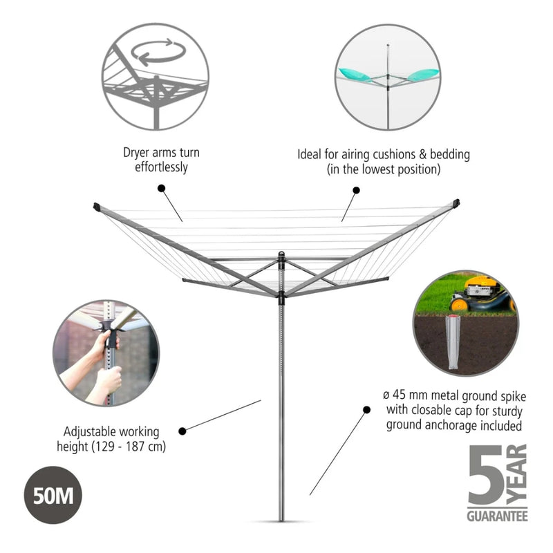 Brabantia Lift-O-Matic 4-Arm Rotary Dryer 50m with Adjustable Height - Lighting.co.za