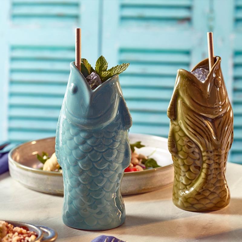 Genware Blue Fish Tiki Mug 380 ml Set of 4 - Lighting.co.za