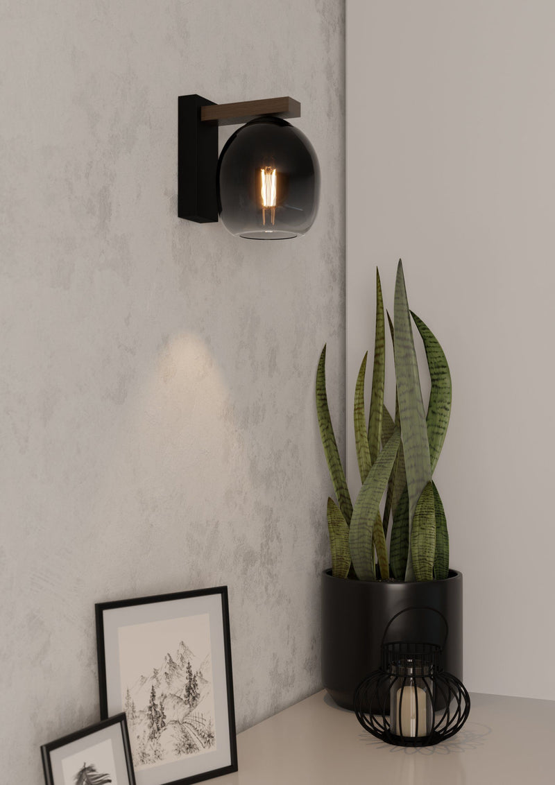 Filago Wood and Smoke Glass Wall Light - Lighting.co.za