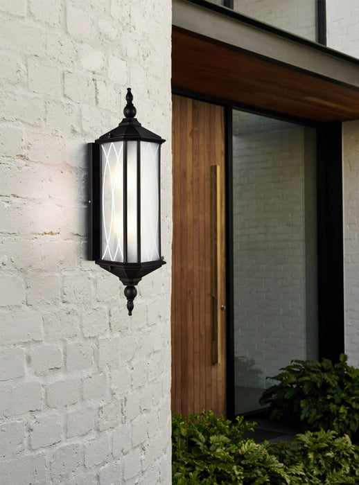 Warwick Black and Patterned Frosted Glass Outdoor Wall Light - Lighting.co.za