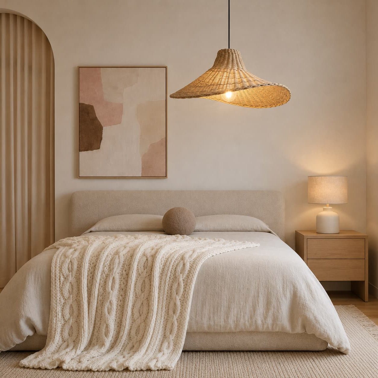 A cozy bedroom scene with a neatly made bed in neutral beige linens, a textured cream cable-knit throw draped across the foot, a small bedside table with a lit lamp, a woven pendant light overhead, and a framed abstract print on the wall.
