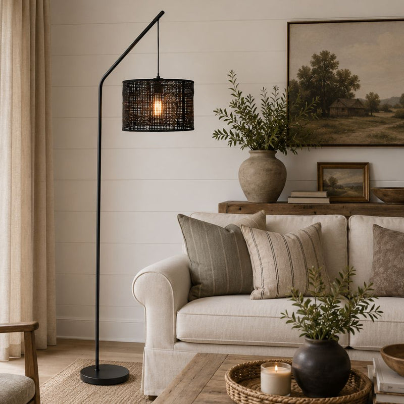 Akari Black Grid Woven Shade Arch Floor Lamp