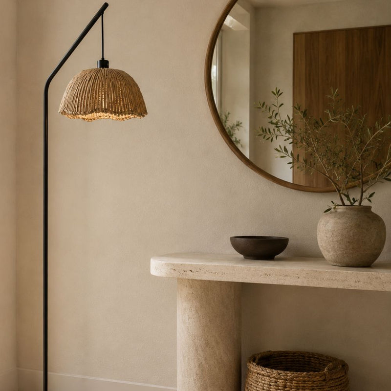 Akari Willa Rattan Shade and Black Arch Floor Lamp