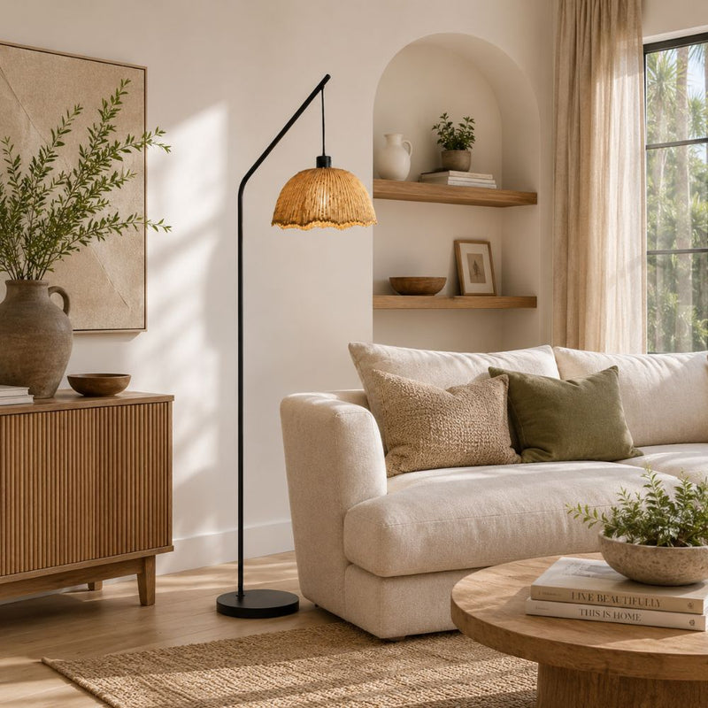Akari Willa Rattan Shade and Black Arch Floor Lamp - Floor Lamp - Lighting.co.za
