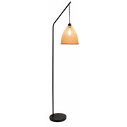 A modern black floor lamp with a curved arm, a round base, and a conical woven shade glowing with warm light, shown against a plain white background - Lighting.co.za