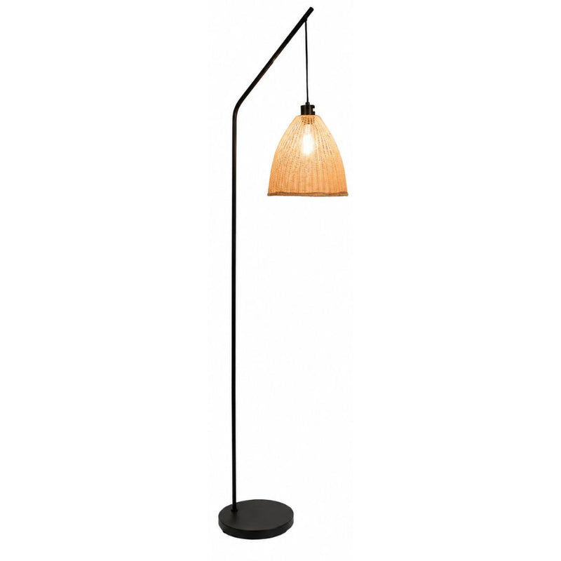 A modern black floor lamp with a curved arm, a round base, and a conical woven shade glowing with warm light, shown against a plain white background - Lighting.co.za