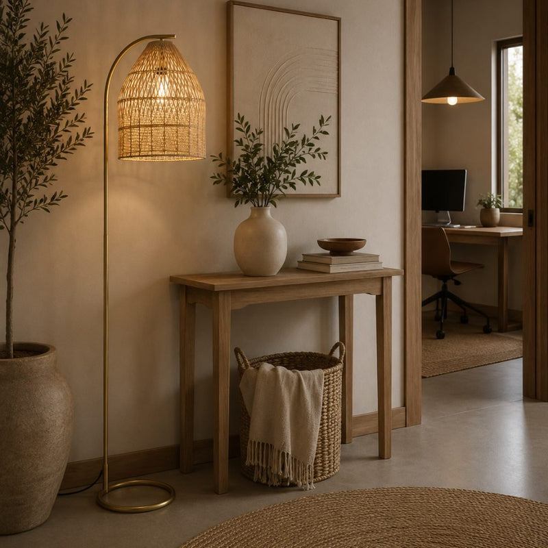 Albia Gold and Rattan Shade Floor Lamp - Floor Lamp - Lighting.co.za