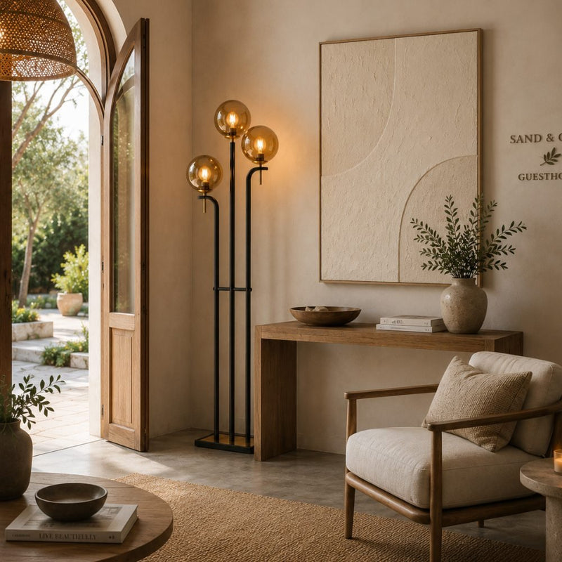 Amilla 3 Light Black And Smoke or Amber Glass Floor Lamp - Floor Lamp - Lighting.co.za