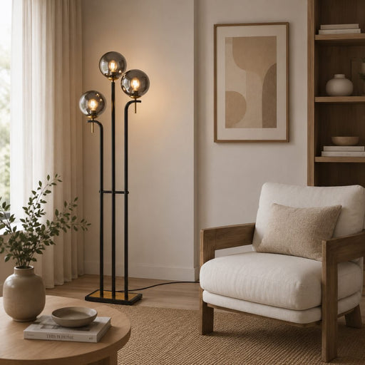 Amilla 3 Light Black And Smoke or Amber Glass Floor Lamp - Floor Lamp - Lighting.co.za