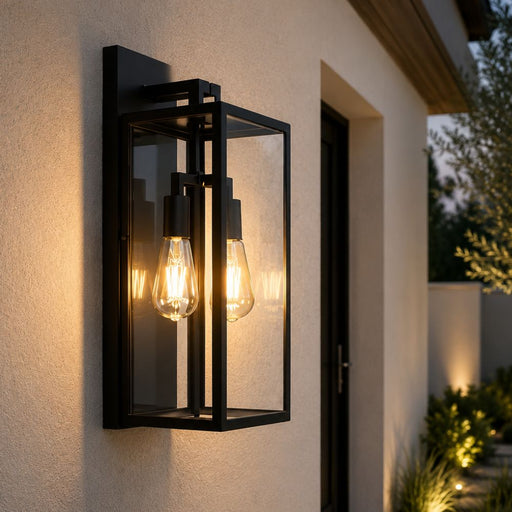 Ascot Large 2 Light Black And Clear Glass Lantern Wall Light - Outdoor Wall Light - Lighting.co.za
