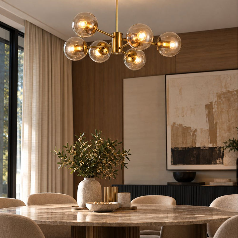Aviva 6 Light Brass Look and Amber Glass Pendant Light - Pendant Light - Lighting.co.za