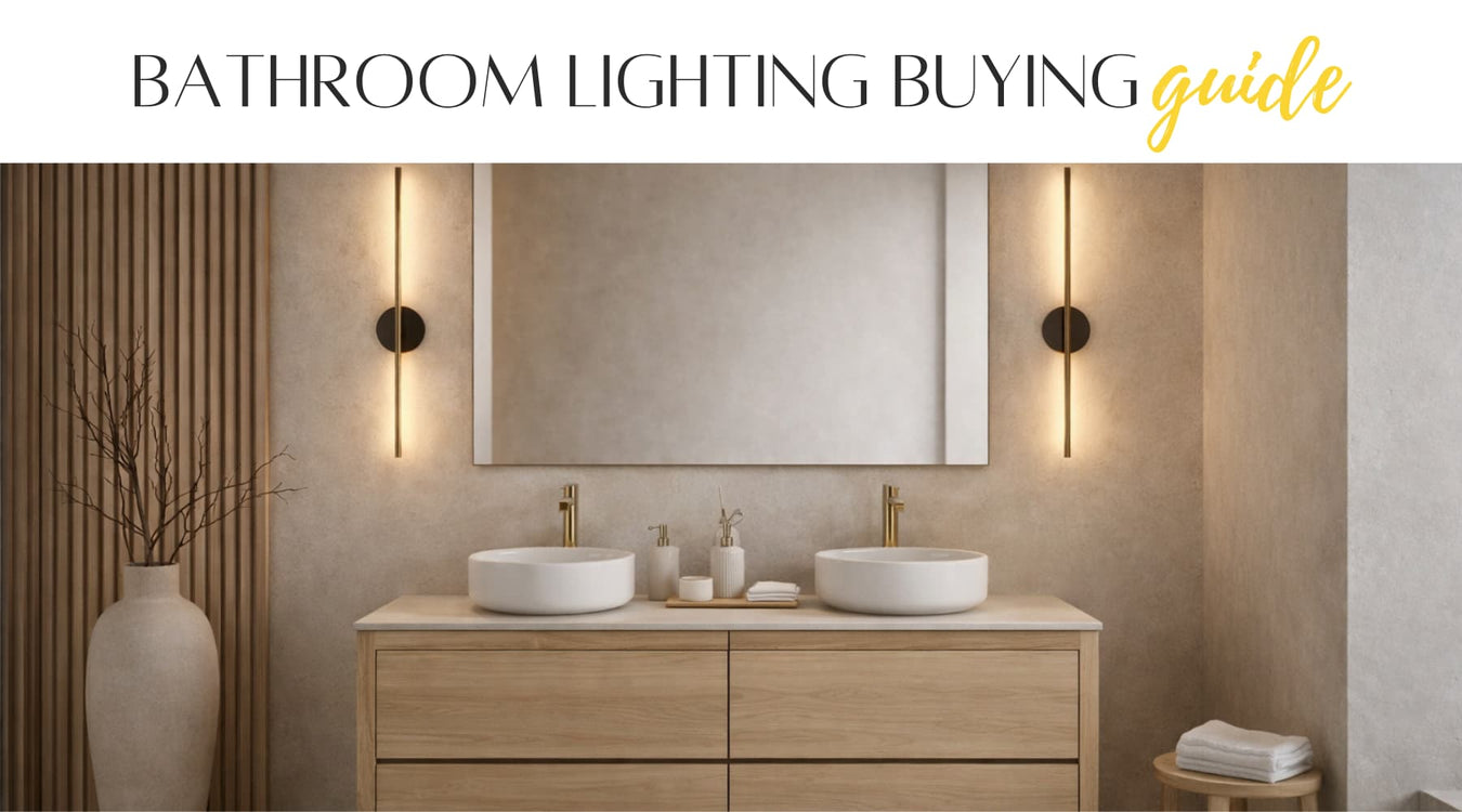 Bathroom with double sink vanity and wall-mounted lights, featuring a buying guide for bathroom lighting.