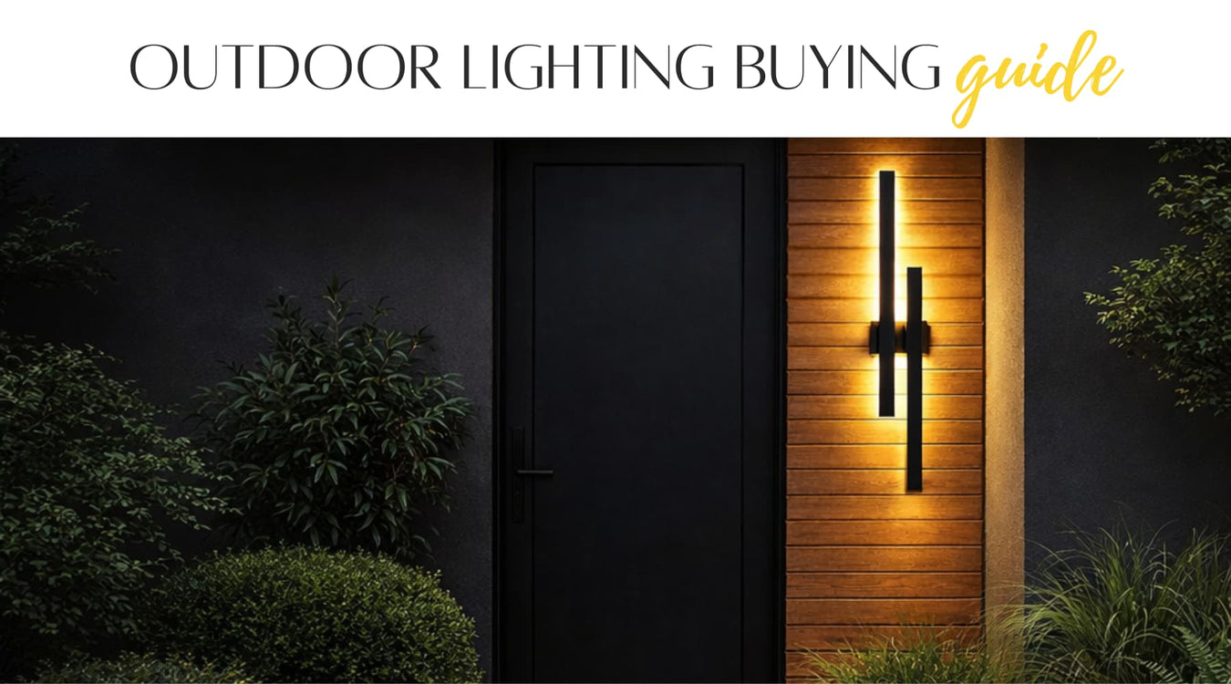 Outdoor wall light fixture on a wooden panel with text 'Outdoor Lighting Buying Guide' at the top.