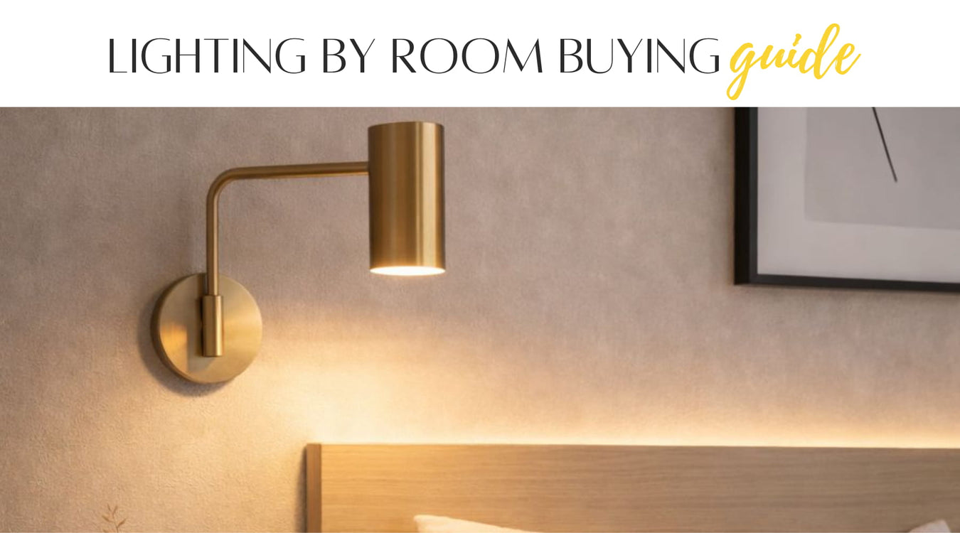 Gold wall-mounted lamp on a beige wall with text 'Lighting by Room Buying Guide'.