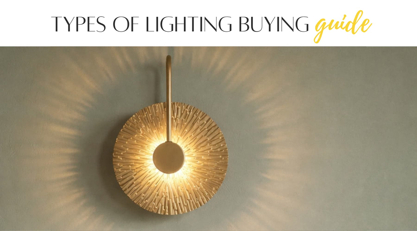 Ceiling light fixture with a textured design on a neutral background, featuring text 'TYPES OF LIGHTING BUYING GUIDE'.