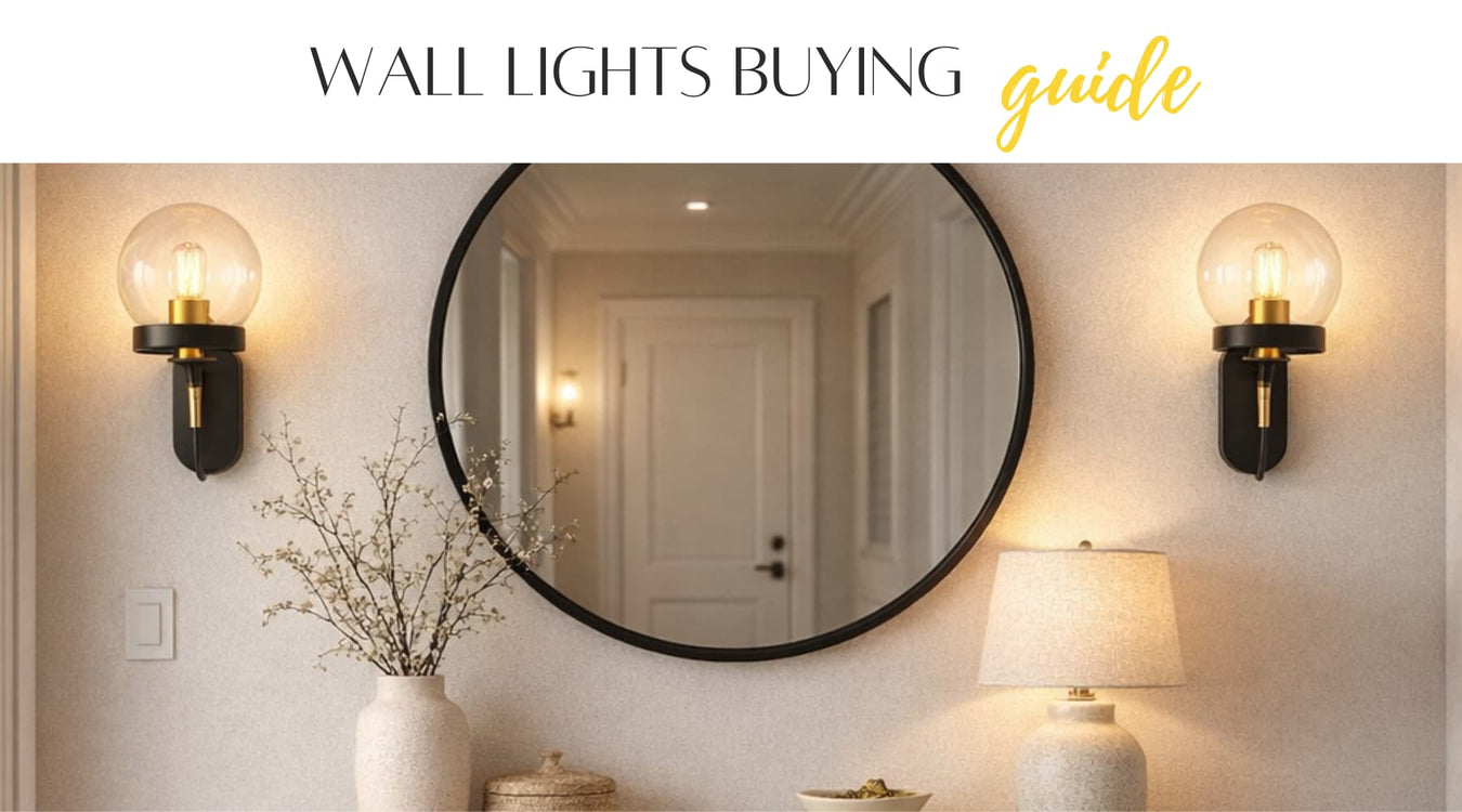 Wall lights and round mirror on a wall with text 'Wall Lights Buying Guide'.