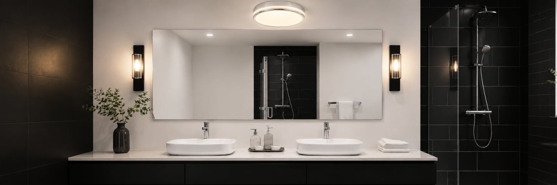 Modern double bathroom vanity with two white vessel sinks, a large rectangular mirror, wall-mounted sconces, and a black tiled walk-in shower area in the background. Bathroom Lighting Buying Guide - Lighting.co.za