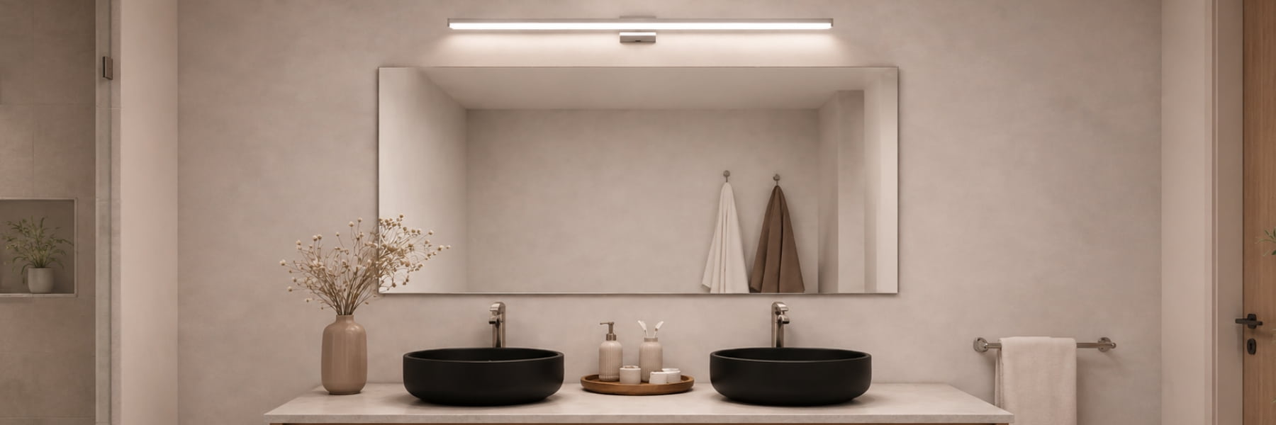 A modern bathroom vanity setup with a large rectangular wall mirror, a horizontal light fixture above it, two black vessel sinks on a white countertop, and a towel rack with a white towel. Bathroom Lighting Buying Guide - Lighting.co.za
