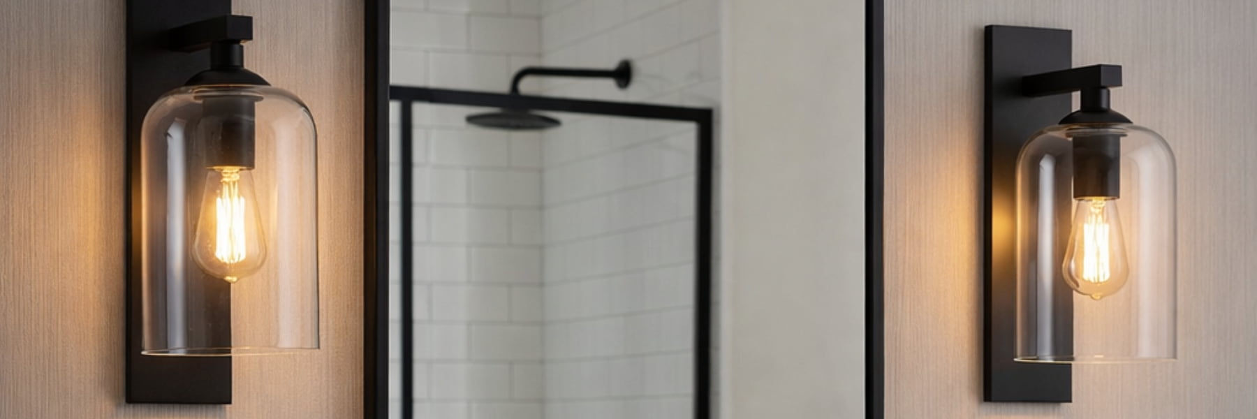 Two matching wall-mounted sconces with black metal frames and clear glass bell-shaped shades, each holding a warm glowing Edison-style bulb, shown in a bathroom setting with a mirror and tiled shower visible.