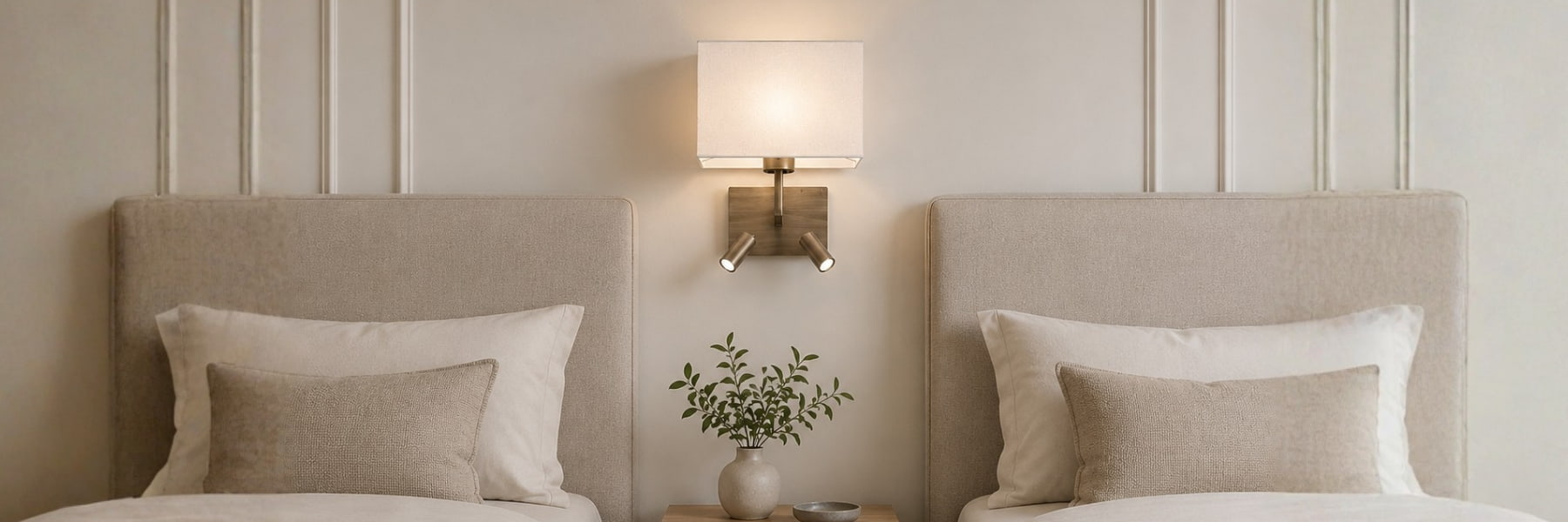 A symmetrical bedroom scene featuring two matching beds with beige upholstered headboards, white bedding, and beige pillows, flanking a central wall-mounted lamp and small plant.