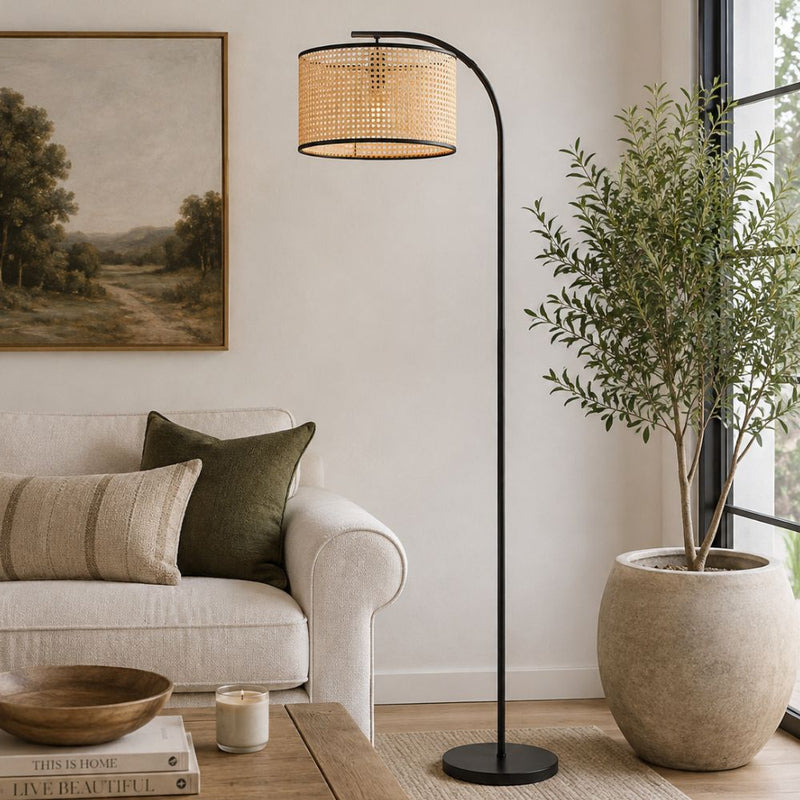 Benny Black Arch Floor Lamp with Woven Dutch Shade