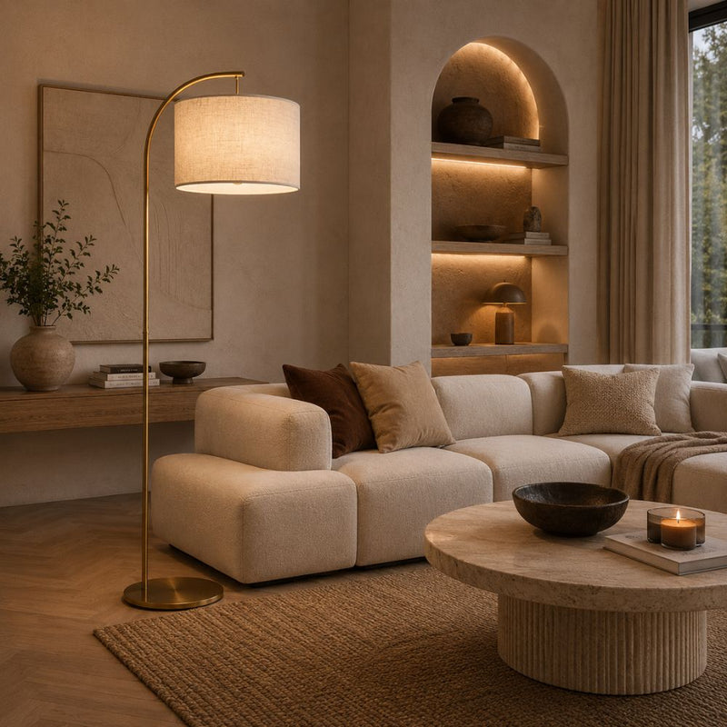 Benny Gold Arch Floor Lamp with Linen Shade - Floor Lamp - Lighting.co.za