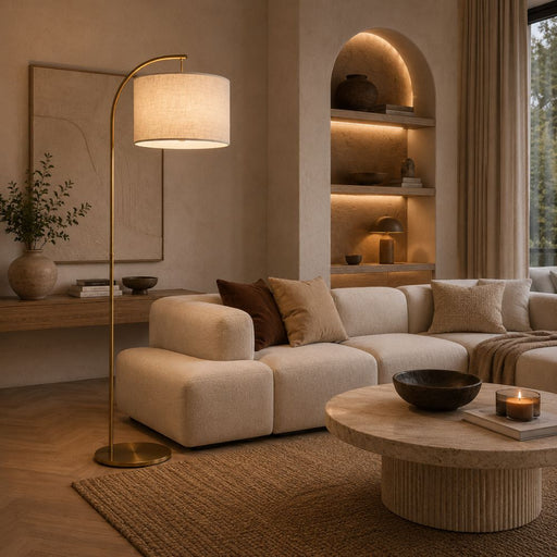 Benny Gold Arch Floor Lamp with Linen Shade - Floor Lamp - Lighting.co.za