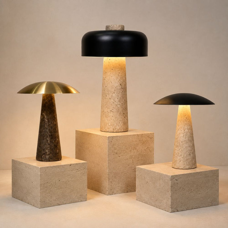 Addie Travertine Marble and Black Dome Shade LED Table Lamp - Table Lamp - Lighting.co.za