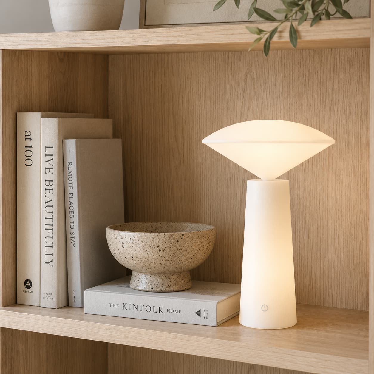 Rechargeable White LED Table Lamp on Wooden Shelf. Japandi Interior - Lighting.co.za