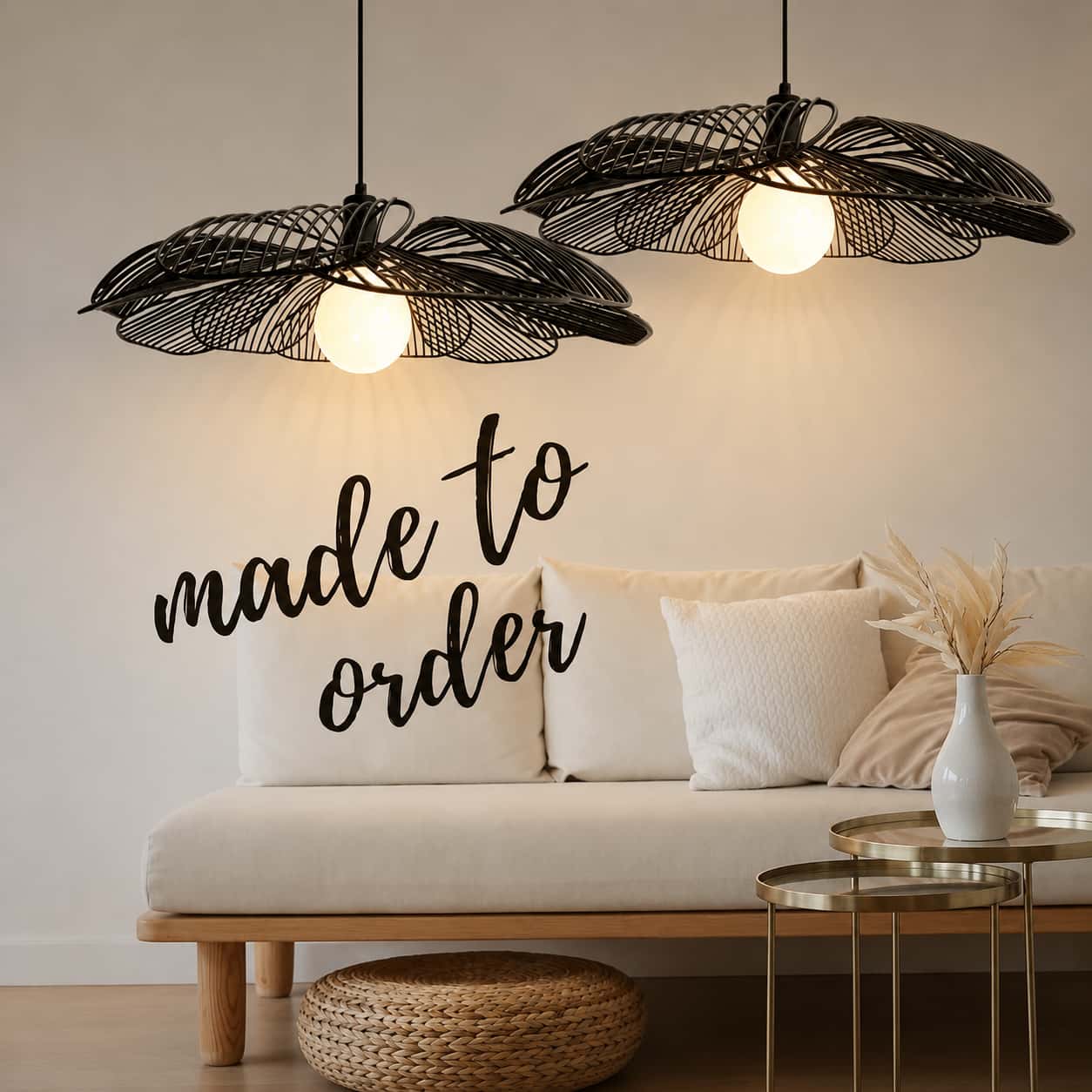 South African Black Metal Flower Shaped Pendants in Modern Living Room with White and Wooden Couch and Gold Accent Side tables - Lighting.co.za