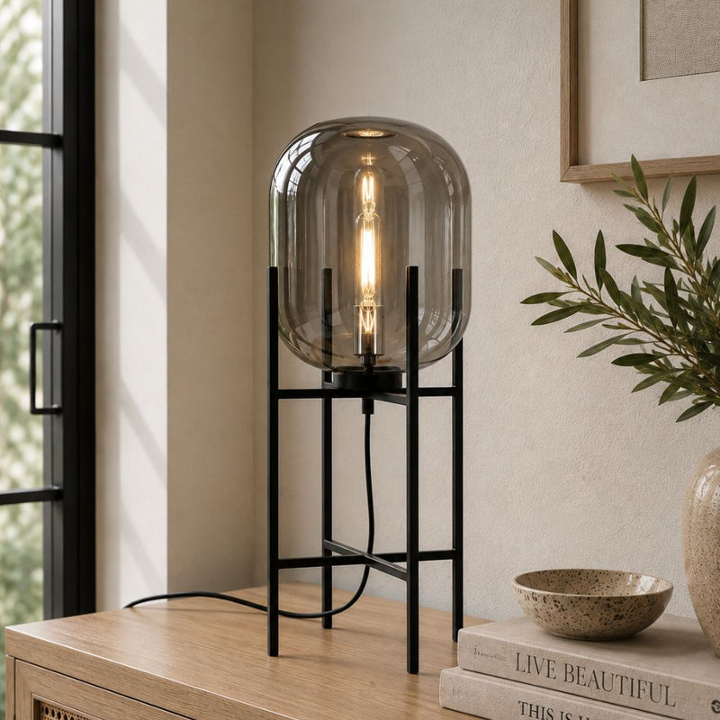 Cleo Pedestal Black And Smoke Glass Table Lamp - Table Lamp - Lighting.co.za