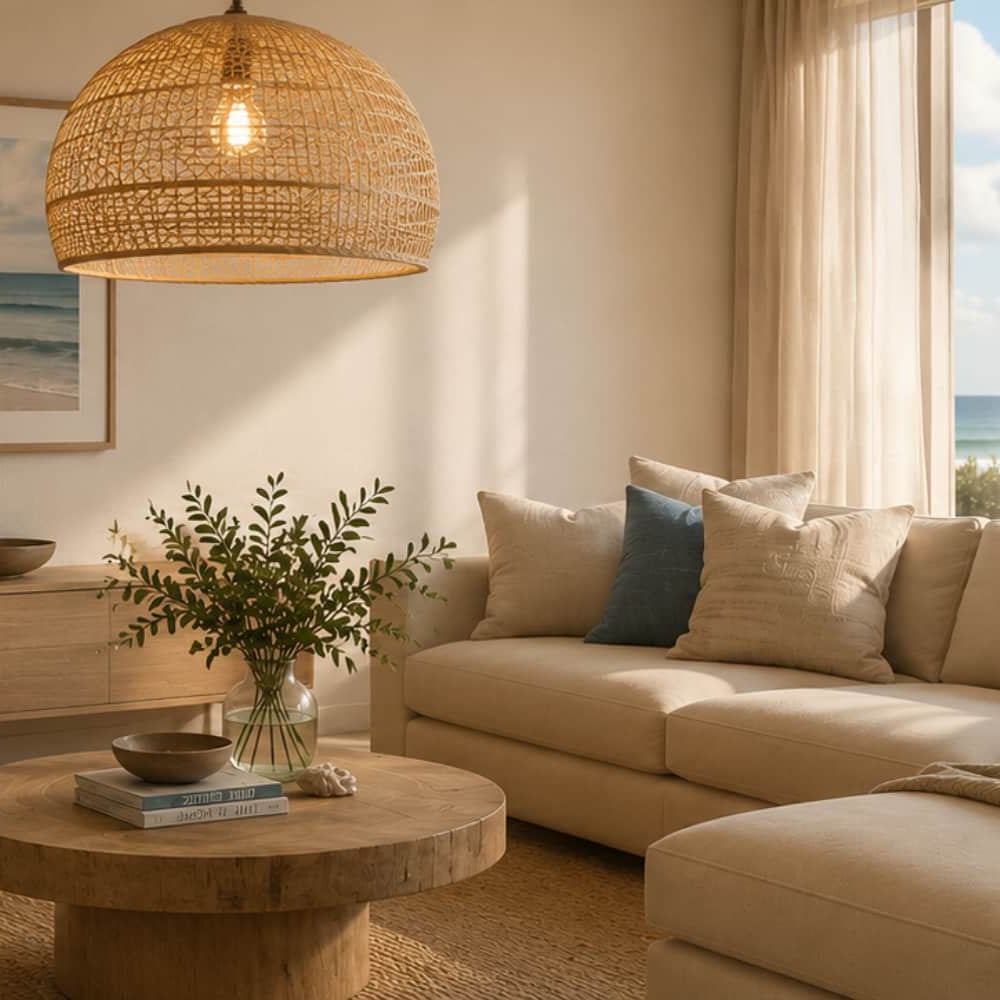 Rattan Pendant light in a neutral coastal home living room - Lighting.co.za