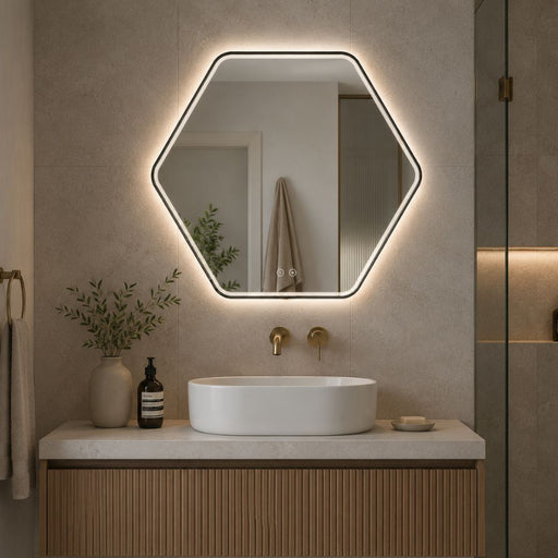 A modern hexagonal LED backlit bathroom mirror mounted on a textured beige wall above a white vessel sink and wooden vanity in a styled bathroom setting - Lighting.co.za