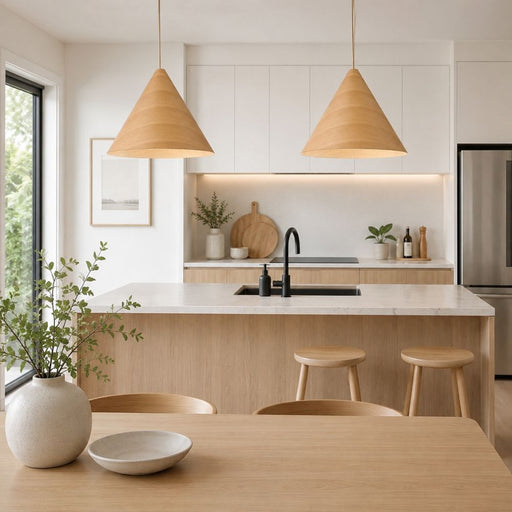 A modern kitchen interior with a light wood island, white cabinetry, a white marble countertop, black faucet, and two hanging oak veneer wooden pendant lights - Lighting.co.za
