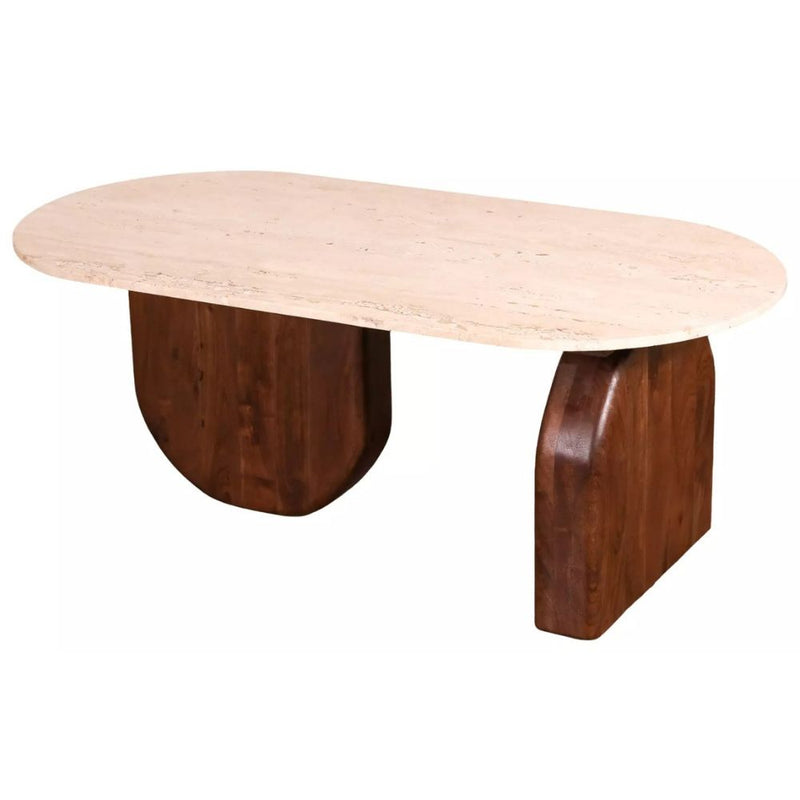 Country Travertine and Acacia Wood Coffee Table